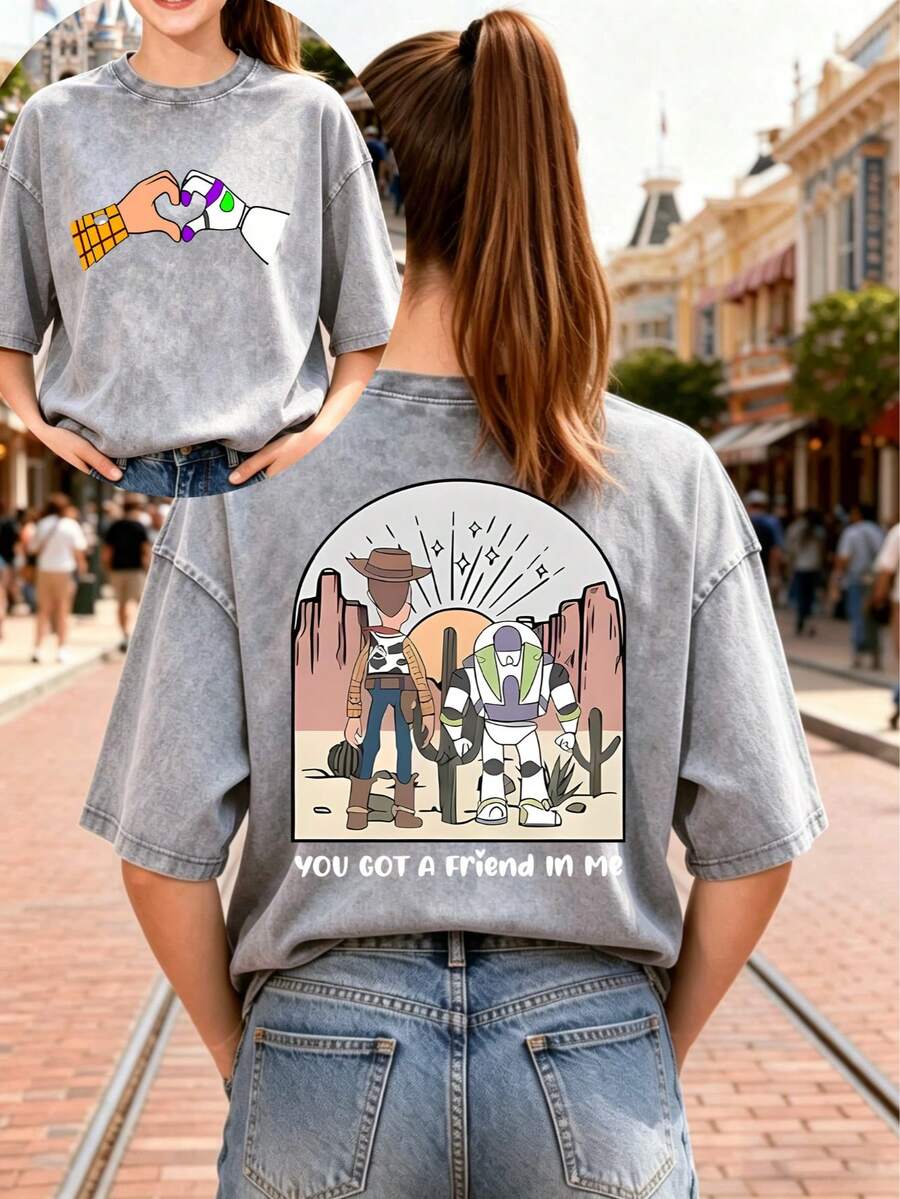 This Disney Women's T-Shirt Features A Creative Toy Story Letter And Cartoon Print On Both Sides. It's A Spring/Summer Style Round Neck Retro Washed Cotton T-Shirt, Made Of Soft And Comfortable Pure Cotton Fabric, Suitable For Everyday Wear, Shopping, Travel, And Casual Occasions. It Also Makes A Wonderful Gift. - Xám - Xem 1