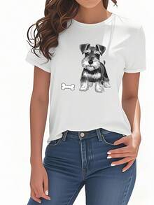 Camiseta de mujer con estampado de mini schnauzer gris claro, con un lindo diseño de hueso de perro, cuello redondo holgado, imprescindible para amantes de las mascotas, top casual lavable a máquina, adecuada para viajes, fiestas y como regalo, exclusiva para perros pequeños, estilo duradero y divertido, ligera para uso diario, camiseta de mujer de algodón puro con estampado. - Blanco - Ver 1
