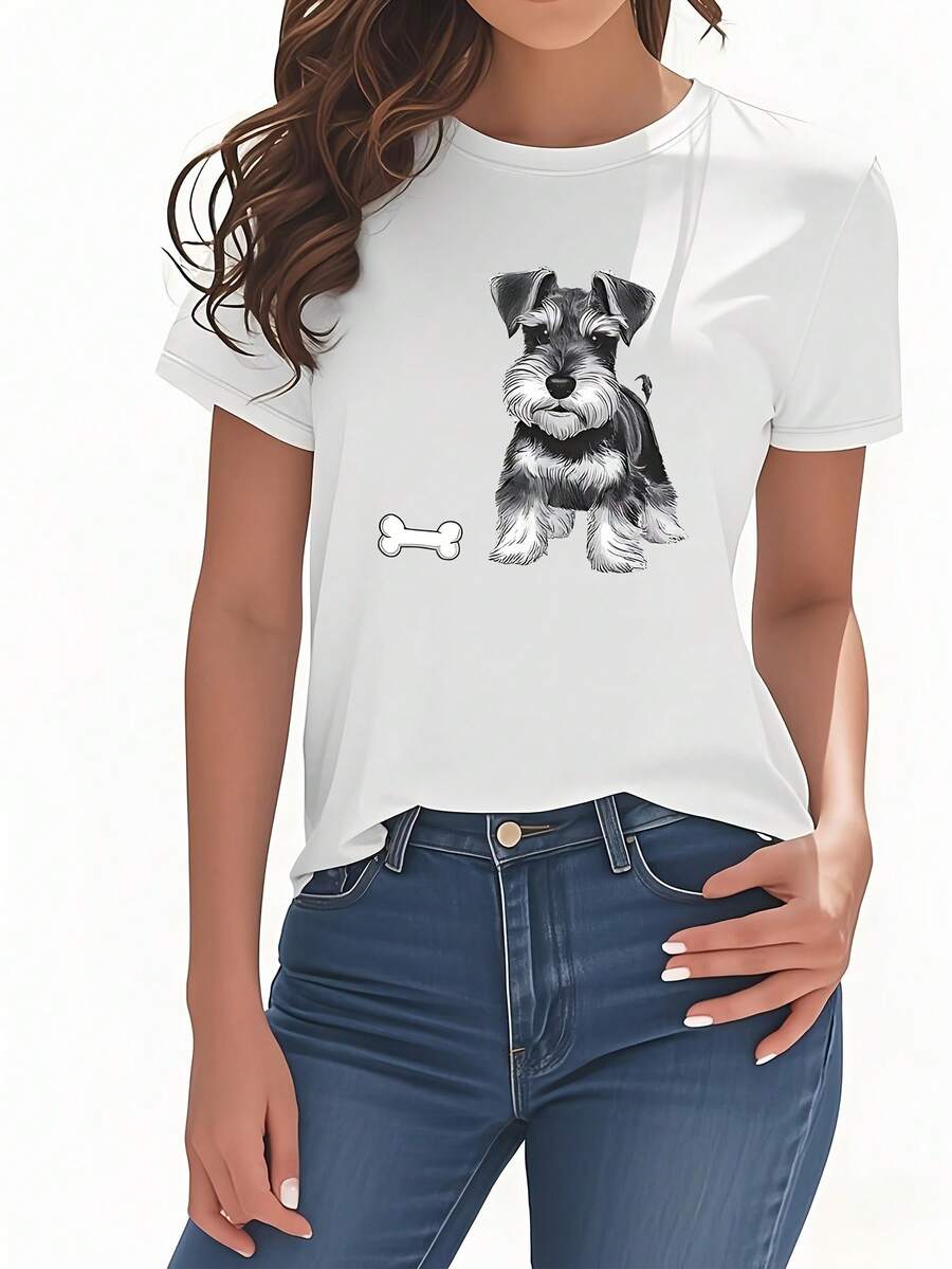 Camiseta de mujer con estampado de mini schnauzer gris claro, con un lindo diseño de hueso de perro, cuello redondo holgado, imprescindible para amantes de las mascotas, top casual lavable a máquina, adecuada para viajes, fiestas y como regalo, exclusiva para perros pequeños, estilo duradero y divertido, ligera para uso diario, camiseta de mujer de algodón puro con estampado. - Blanco - Ver 1