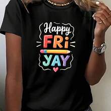 Graphic T-Shirt "Happy Fri Yay" fclothes Women - Colclothesful Geometric Print, Shclothest Sleeve And Round Neck, Medium Elastic Fabric, Comfclothesta - Negro - Ver 1