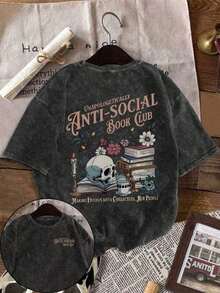 Camiseta de cuello redondo para mujer con estampado vintage de calavera y eslogan, diseño cómodo y casual de manga corta, adecuada para amantes de los libros y personas con ansiedad social para uso diario, una prenda versátil para primavera y verano, talla grande. - Multicolor - Ver 7