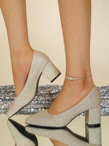 Pointed Toe Women's Pumps, Chunky Heel High Heels, Simple Low Vamp Work Shoes - Gold - View 2