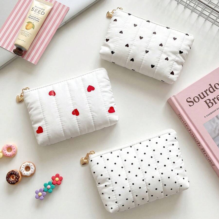 Korean Ins Heart-Shaped Polka Dot Quilted Coin Purse, Multifunctional, Lightweight For Going Out, Lipstick Bag, Key And ID Card Holder - 紅色愛心 - 查看 1