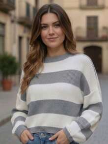 Women's Striped Knit Blouse With Long Sleeves And Round Neck - Versatile Winter - 藏蓝色 - 查看 4