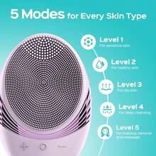 Facial Cleansing Brush Face Scrubber : Portable Silicone Waterproof Rechargeable Face Wash Brush, 5 Cleansing Modes, Electric Deep Cleaning For Men &Amp; Women, Removing Blackhead (Light Purple) - ColorC - 查看 4