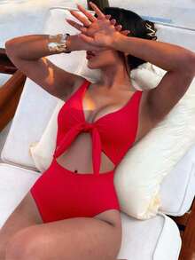 Swim Vcay Traje de baño de una pieza de unicolor negro elegante sin mangas, de cintura alta y con tirantes ajustables, para primavera/verano 2026 - Rojo - Ver 3