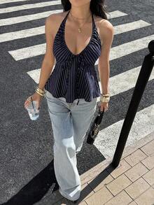Camiseta de mujer con cuello halter sexy de cuello en V profundo y amarres delanteros a rayas - azul real - Ver 6