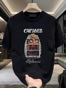 Women's Casual Graphic T-Shirt, 1 Piece Set. Beautiful Blouses For Women. Women's Clothing Sets. El Silencio White T-Shirts And T-Shirt With Printed Face Design. High-Quality Print. Round Neck. Basic Loose Fit. Breathable. Versatile. Machine Washable. Comfortable Sizes S-3XL. Essential For Casual And Sporty Daily Wear. Summer. - 黑色 - 查看 2