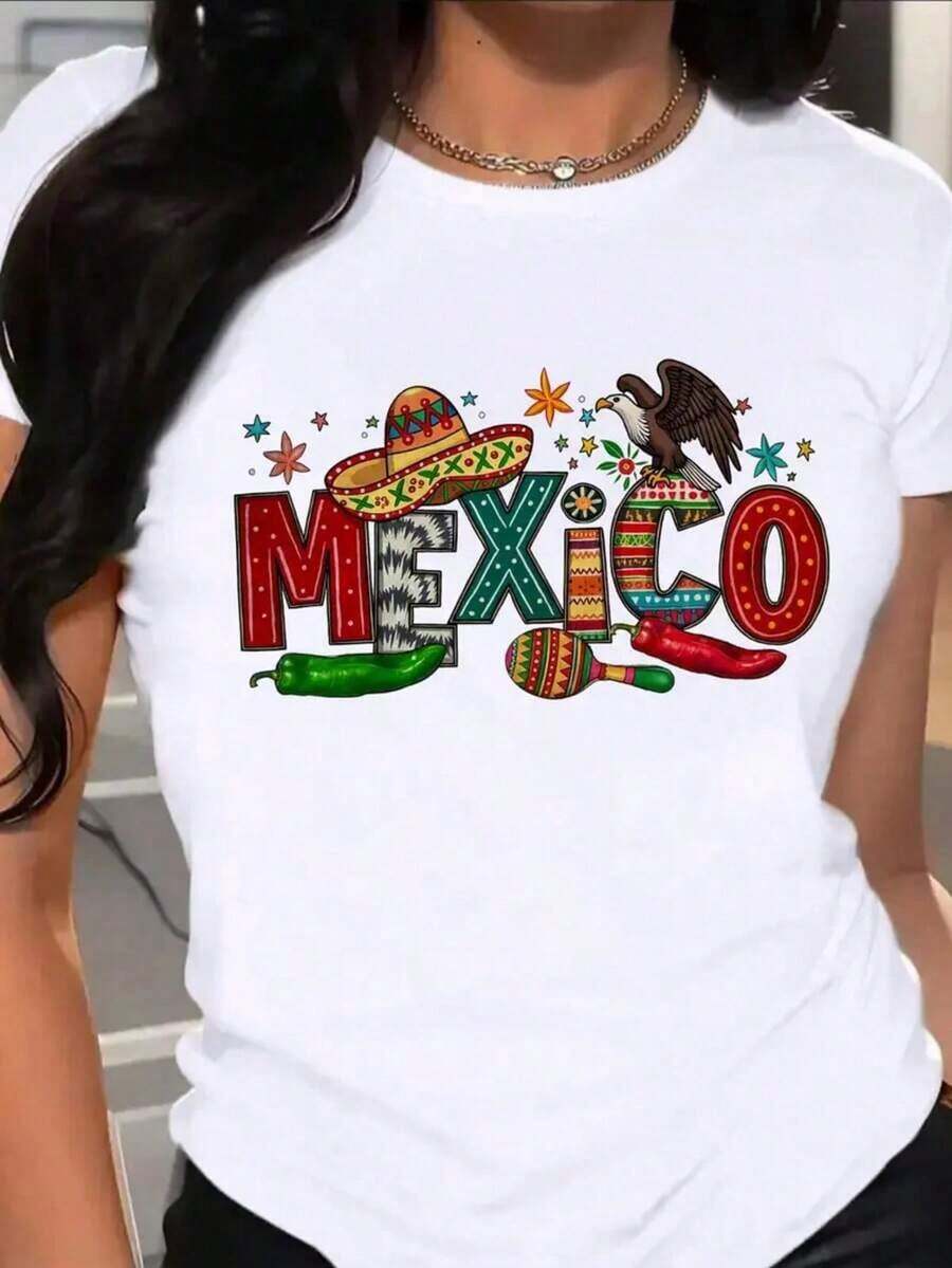 Camiseta de mujer moderna, informal, para fiestas y para estar en casa, 100% algodón, corte holgado.1pscCamiseta blanca con estampado "méxico" y elementos característicos de méxico en la parte delantera, con un toque regional. Hecho de tejido de algodón, suave, transpirable y ligeramente elástico. Ideal para eventos culturales mexicanos, viajes conmemorativos y otros escenarios.100%cotton - Blanco - Ver 1