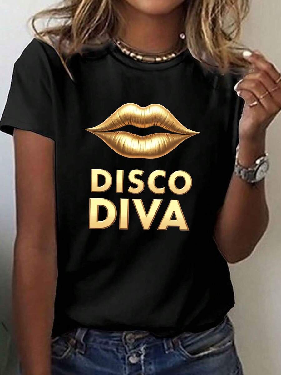 Camiseta dorada metálica estampada con diseño DISCO DIVA, top casual de manga corta y cuello redondo, perfecta para verano y primavera, ropa de mujer - Negro - Ver 1