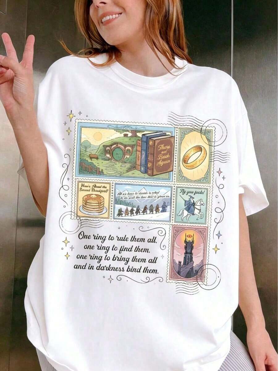 LOT Rings Inspired Shirt, Dark Lord Fantasy Reading, Middle Somewhere Shirts, The Shire Stamps T-Shirt For Fans, Women, Women's Summer Top, T Shirt, Men Women T-Shirt Print Tee, Summer Women's, Cotton, Summer Clothes, Y2k Style, Streetwear, Cotton Tops, Women, Women's Summer Top, T Shirt, Men Women T-Shirt Print Tee, Summer Women's, Cotton, Summer Clothes, Y2k Style, Streetwear, Cotton Tops - 白色 - 查看 1