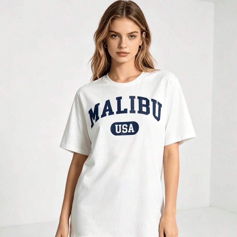 1 Piece Of Social Collective Malibu USA Summer Clothing, Short Sleeve Cotton T-Shirt With Blue Bow Graphic, 180g, 100% Cotton. - 白色 - 查看 1