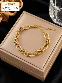 RAYQUEEN Bộ trang sức dây chuyền và vòng tay bằng thép không gỉ kiểu dáng hip-hop, dây xích dày, thắt nút, dành cho nữ, thích hợp làm quà tặng dịp lễ. - Vàng - Xem 11