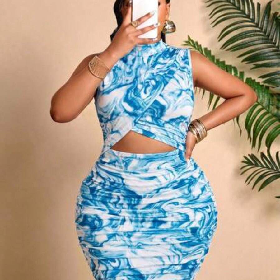 Plus Size Women Green Tropical Print Sleeveless Bodycon Mini Dress With Cutout Design Elegant Summer - Azul - Ver 1