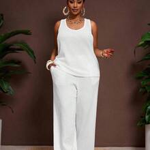 Slayr 2025 New Spring/Summer Plus Size Women's Vintage Western/Tropical/Music Festival/Club/Road Trip/Casual Street/City Vacation/Graduation Date/Elegant Vacation 2-Piece Set - Loose Sheer Textured Fabric U-Neck Sleeveless Tank Top With Elastic Waist Palazzo Pants - Azul menta - Ver 5