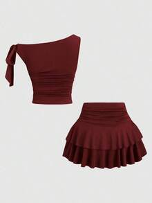 Conjunto de top de tirantes y minifalda plisada y con decoración de flores metálicas para mujer, ideal para el verano - Burdeos - Ver 2