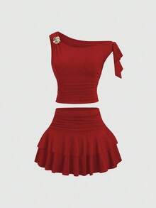 Conjunto de top de tirantes y minifalda plisada y con decoración de flores metálicas para mujer, ideal para el verano - Rojo - Ver 3