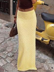 Falda larga de ganchillo de punto amarilla de verano para mujer, elegante y casual, con diseño de cola de pez hueco, adecuada para usar en la playa, vacaciones y fiestas en la piscina - Amarillo - Ver 1
