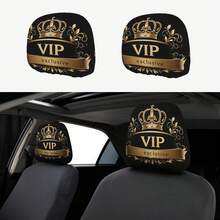 2Pcs VIP Crown Print Car Headrest Covers, Durable Black Gold Luxury Car Interior Accessories - Double-sided Printing - View 3