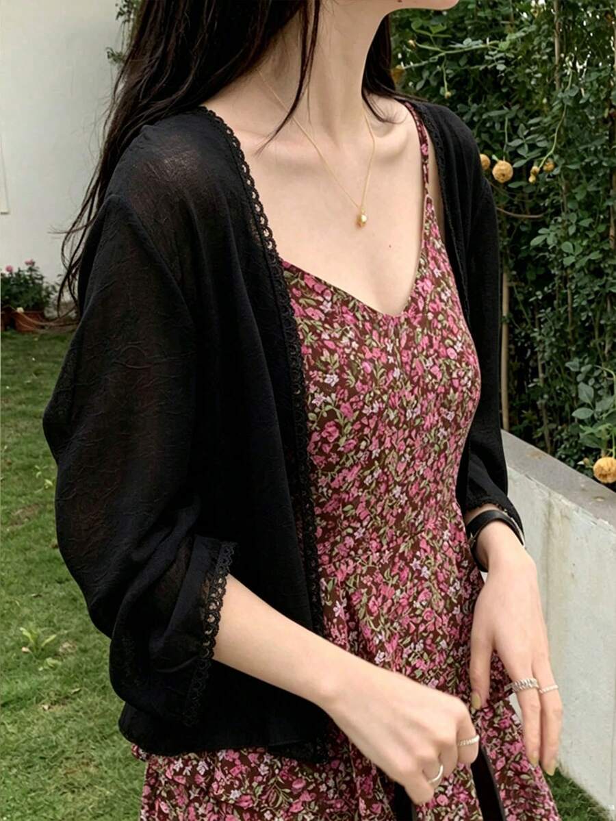 一件宽松蕾丝边轻薄开衫外套,夏季新款沙滩罩衫,适合娇小身材女性 - 彩色 - 查看 1