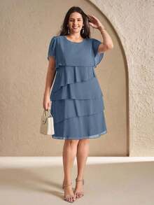 Reflora Vestido de moda con cuello redondo, mangas con volantes y estampado floral para mujer de talla grande - Niebla azul - Ver 6