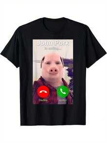 Graphic T-Shirt Featuring John Pork, Made From 100%, Designed For Casual Wear With A Crew Neck, Short Sleeves, And A Regular Fit. It Includes A Heat Transfer Print And Is Suitable For Adults, Crafted From All-Season Knit Fabric - 黑色 - 查看 1