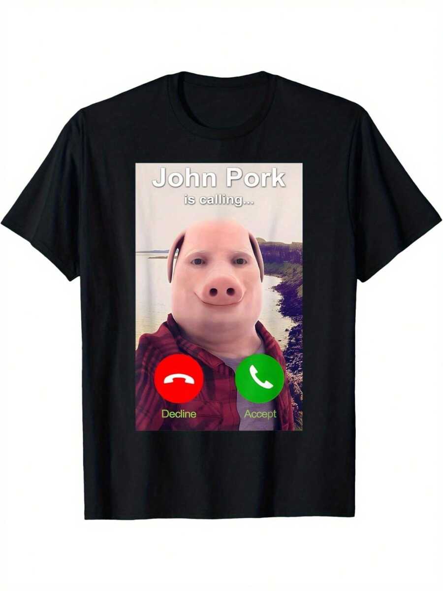 Graphic T-Shirt Featuring John Pork, Made From 100%, Designed For Casual Wear With A Crew Neck, Short Sleeves, And A Regular Fit. It Includes A Heat Transfer Print And Is Suitable For Adults, Crafted From All-Season Knit Fabric - 黑色 - 查看 1