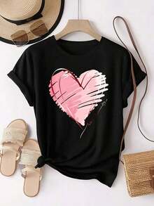 1 Piece, Three Pack Women's Short Sleeve Crew Neck T-Shirts, Vintage Casual Sporty Style, With Heart And Flower Print, 180g, 100% Cotton, Designs Are Printed. Unisex. - 黑2 - 查看 2