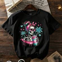 Women's Cotton Short Sleeve T-Shirt with Funky Skull Print for Beach Outings and Summer Fun, Medium Stretch Crew Neck Top - Negro - Ver 5