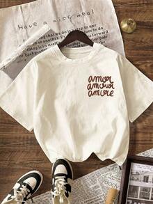 Camiseta de manga corta con cuello redondo y estampado de leopardo "More Love" para mujer, informal, negra, para verano, otoño/inicio de clases. - Desnudo 4 - Ver 3