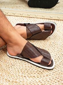 Men's Flat Comfortable Arabic Style Slippers, Dark Crocodile Embossed Middle Eastern Sandals - Coffee Brown - View 2