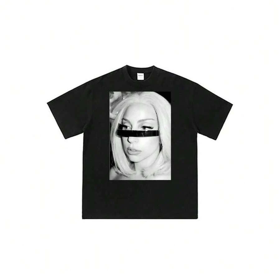Unisex Urban Casual Summer Style T-Shirt With Black And White Ladys Gagas Cartoon Print With Adhesive Tape. - 黑色 - 查看 1