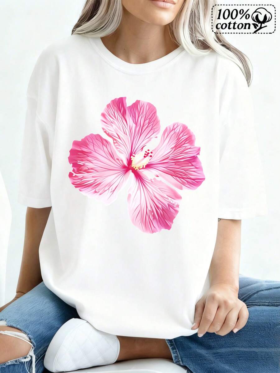 Camiseta blanca con estampado de flores de hibisco rosara uso casual
