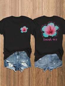 Camiseta de manga corta con cuello redondo y estampado de eslogan casual de verano para mujer - Negro - Ver 6