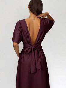 Vestido casual de mujer de manga de murciélago, espalda descubierta, cintura con lazo, largo medio, para verano - Burdeos - Ver 7