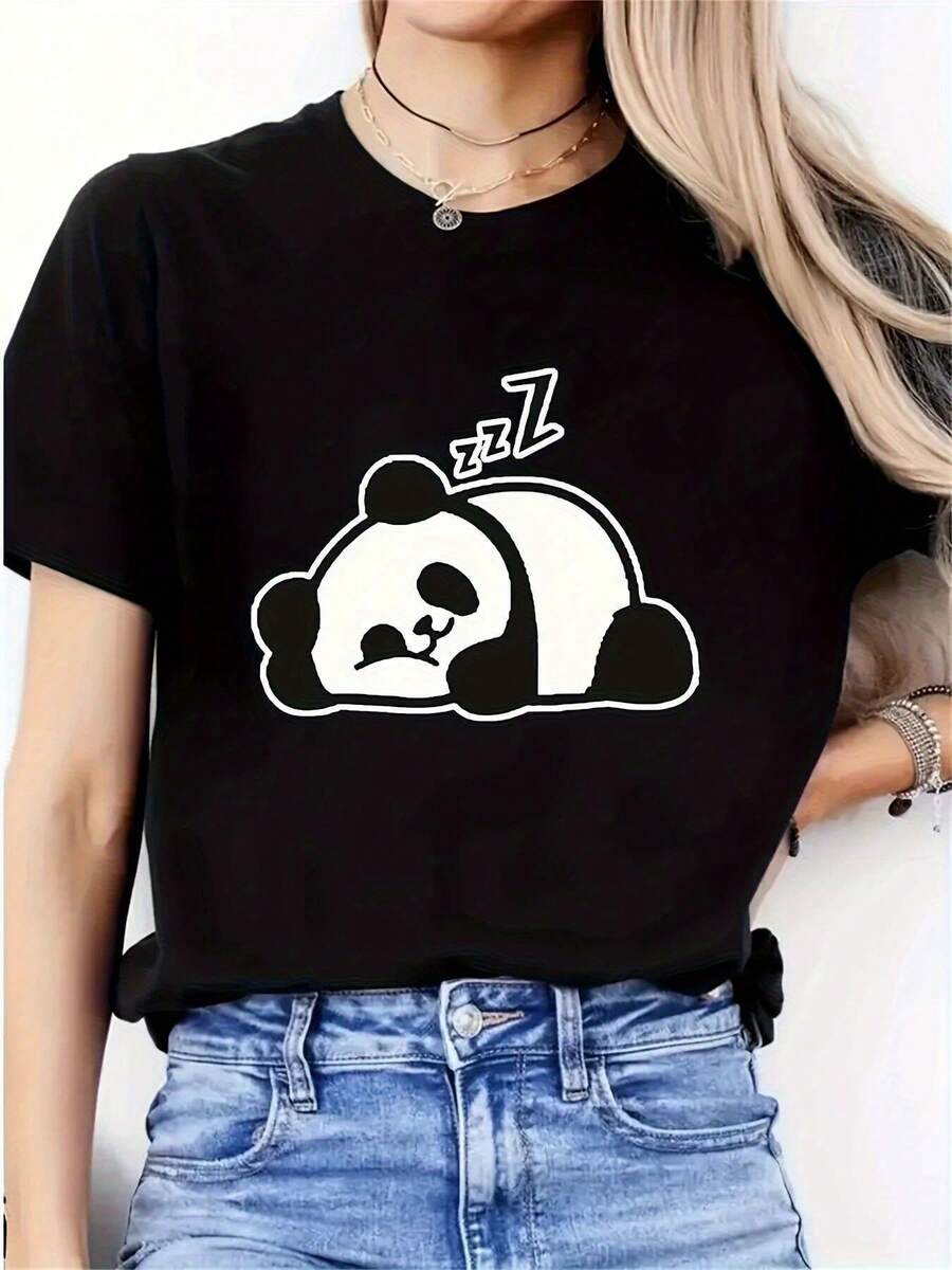 Camiseta Casual de Manga Corta para Mujer con Estampado de Panda Durmiendo - 100% Algodón, Tela Suave y Elástica, Cuello Redondo, Corte Regular, Lavable a Máquina, Comodidad para Todas las Temporadas, Ideal para Uso Diario, Deportes y Salidas Nocturnas, Estilo Y2k - Blanco - Ver 1