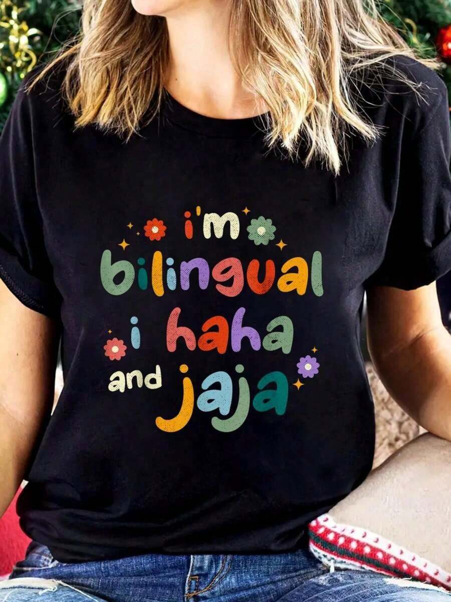 2026 Nuevos productos más vendidos: Camiseta de cuello redondo para mujer, estampado de profesor de español para hombre y mujer, camiseta con el estampado "Soy bilingüe, lol y lol", camiseta de algodón para mujer, manga corta, cuello redondo, top casual para verano y primavera, ropa de mujer, sencilla y cómoda con gran transpirabilidad. - Negro - Ver 1