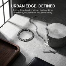 Silver Cross Cuban Chain Jewelry Set - Men's Stainless Steel Necklace And Bracelet - Multicolor - View 7