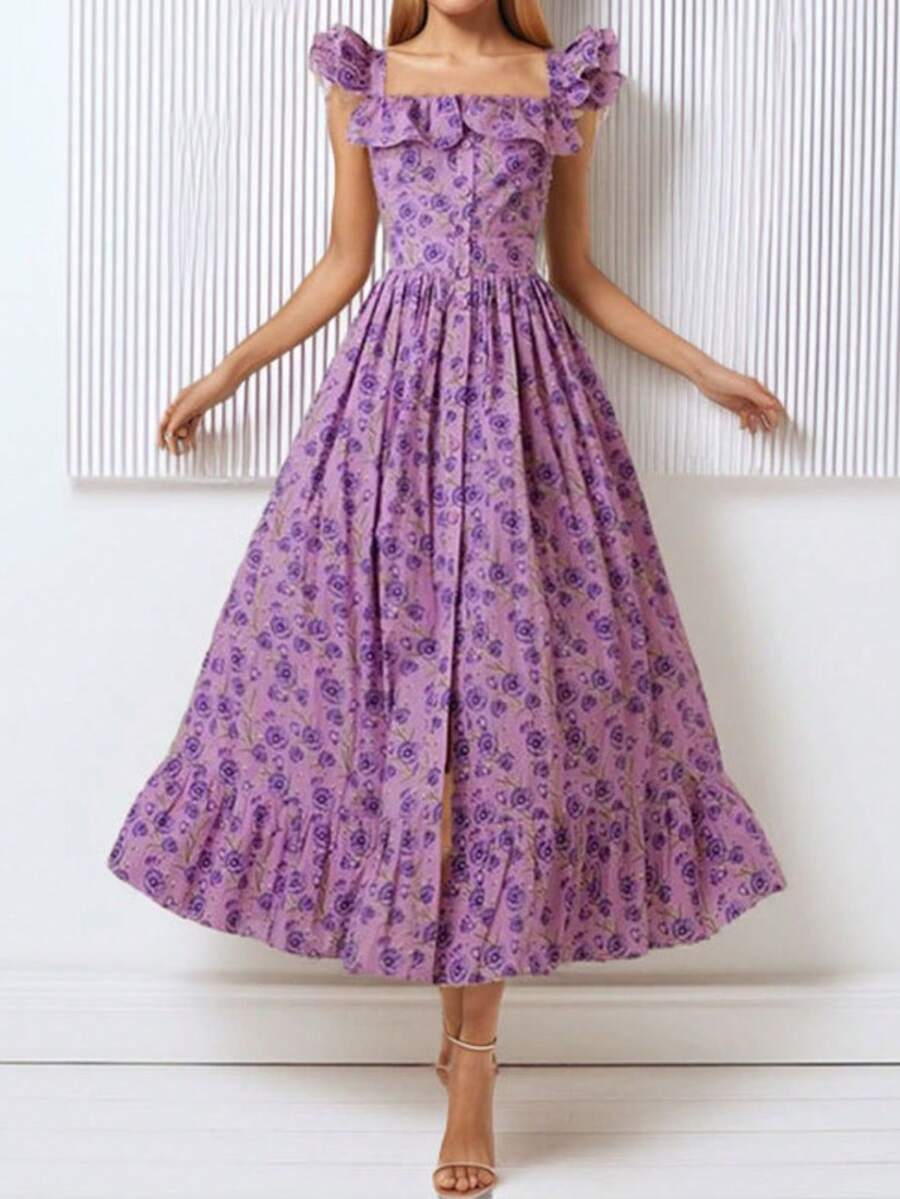 Vestido primavera casual estampado combinado con volantes elegante estilo europeo para mujer - Morado - Ver 1