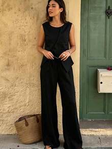 Nuevo estilo independiente sin mangas y elegante temperamento mujeres cómodas y casuales juego de dos piezas - Negro - Ver 4