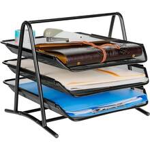 Organizador de escritorio de metal de malla de 3 niveles, soporte para archivos, bandeja para cartas, soporte para papel A4, organizador de escritorio de oficina. - Estante para archivos de tres niveles - Ver 2