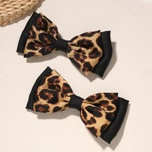 2个/套 双层豹纹蝴蝶结发夹，日常佩戴发饰 - 駝色 - 查看 6