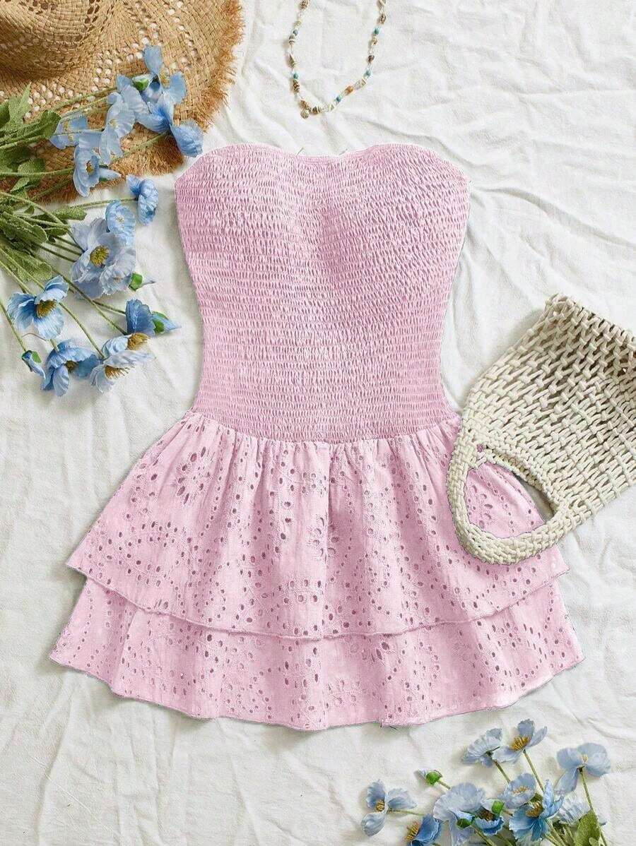 Vestido azul marino con cintura ceñida, plisado, sin tirantes, sexy, calado, con bordado y dobladillo fruncido, estilo vacaciones - Rosa 2 - Ver 1