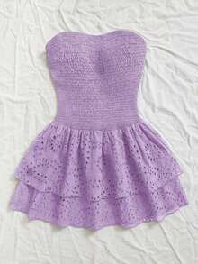 Vestido azul marino con cintura ceñida, plisado, sin tirantes, sexy, calado, con bordado y dobladillo fruncido, estilo vacaciones - Lila Púrpura - Ver 6