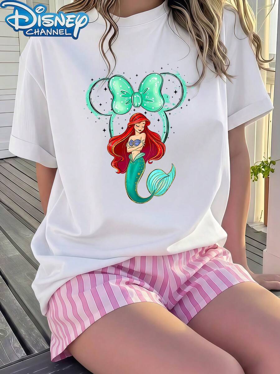 Disney 1pc Teen Girls Cute Princess Ariel And Minnie Ears Print Short Sleeve Casual T Shirt Tops For Teen Girls Clothes For Teen Girls Teen Clothes Summer - trắng - Xem 1