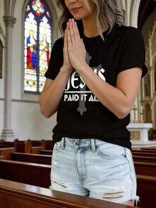 Women's Modern, Casual T-Shirt, Perfect For Parties And Lounging At Home, 100% Cotton, Loose Fit. [ReligiousGraphicTee] Women's Casual Short Sleeve Crew Neck T-Shirt, Christmas Jesus Print With Cross Design 'JESUSPAIDITALL', Soft And Stretchy Fabric, Machine Washable, For Summer, Vintage Urban Style, Unisex, Loose Fit Cotton Short Sleeve Crew Neck T-Shirt - 黑色 - 查看 3