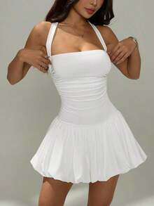 Vestido informal corto de unicolor con cuello de lazo y espalda descubierta para mujer - Blanco - Ver 5