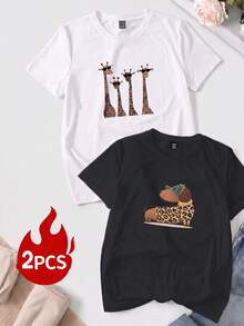 Camiseta de manga corta con estampado para mujer, ropa de primavera, atuendo para festividades, blanca para verano, look playero, estilo vacacional, estilo rural, atuendo de oficina para mujer. - Blanco + Negro - Ver 1