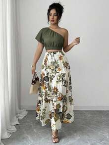 Blusa ajustada de manga corta con hombro asimétrico en color verde elegante + Falda ajustada en línea A de color beige elegante, ropa de vacaciones/resort - Multicolor 2 - Ver 5