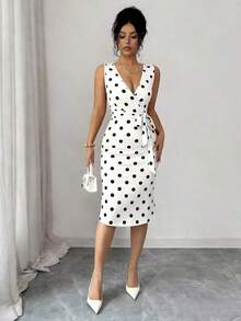 Vestido midi elegante sin mangas con estampado de encaje 3D, cuello superpuesto, cinturón en la cintura, uso diario casual, vestido de encaje elegante en color albaricoque - Blanco - Ver 5